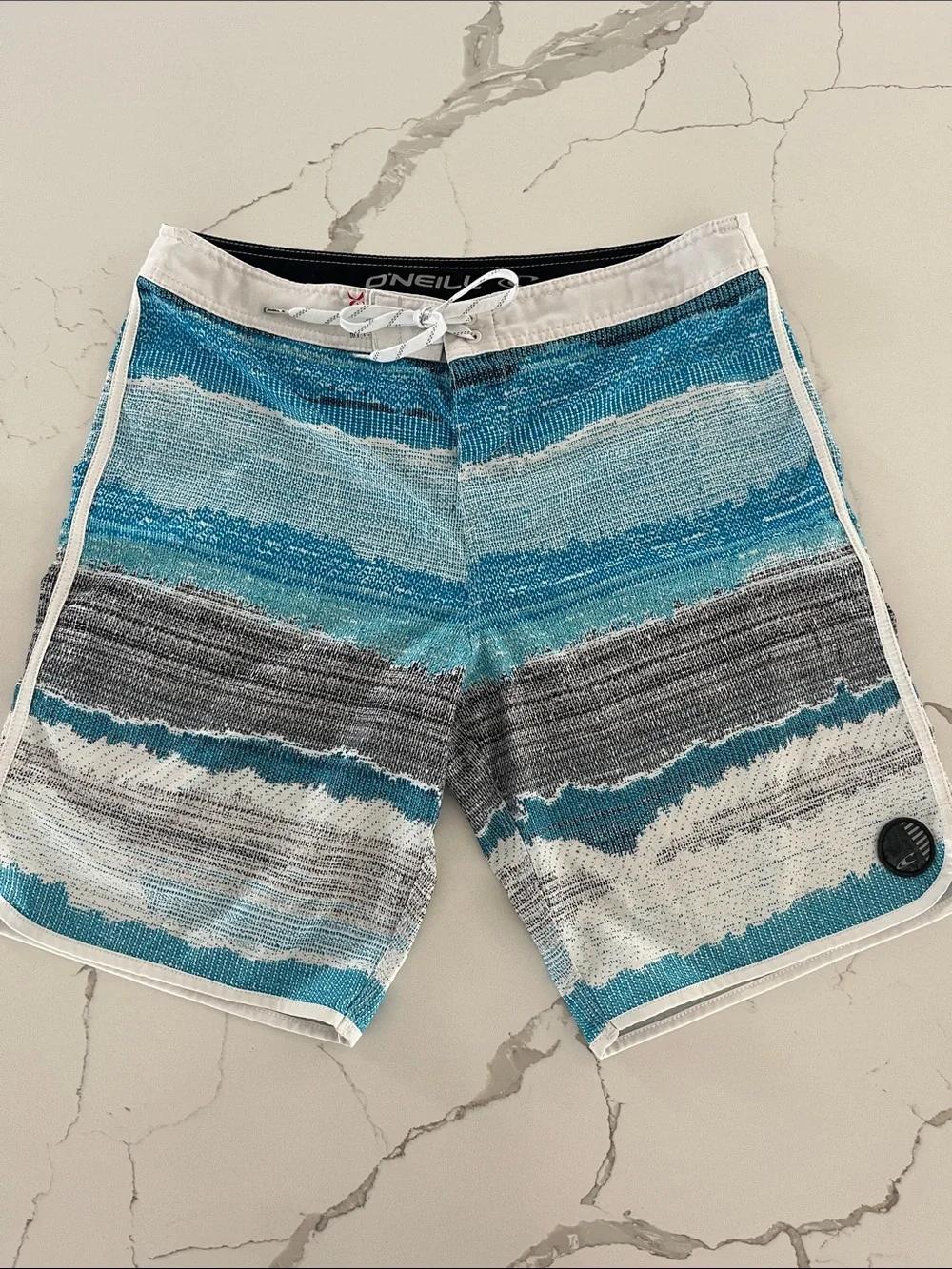 O'Neill Men's Teal and Gray Striped Board Shorts